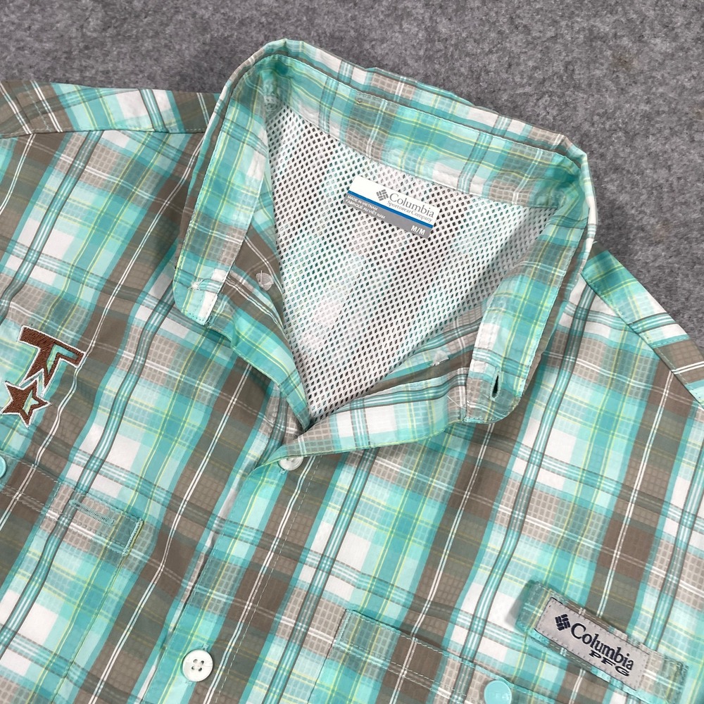 Columbia Mens PFG Fishing Shirt Medium Teal Plaid Vented Long Sleeve Regular Fit